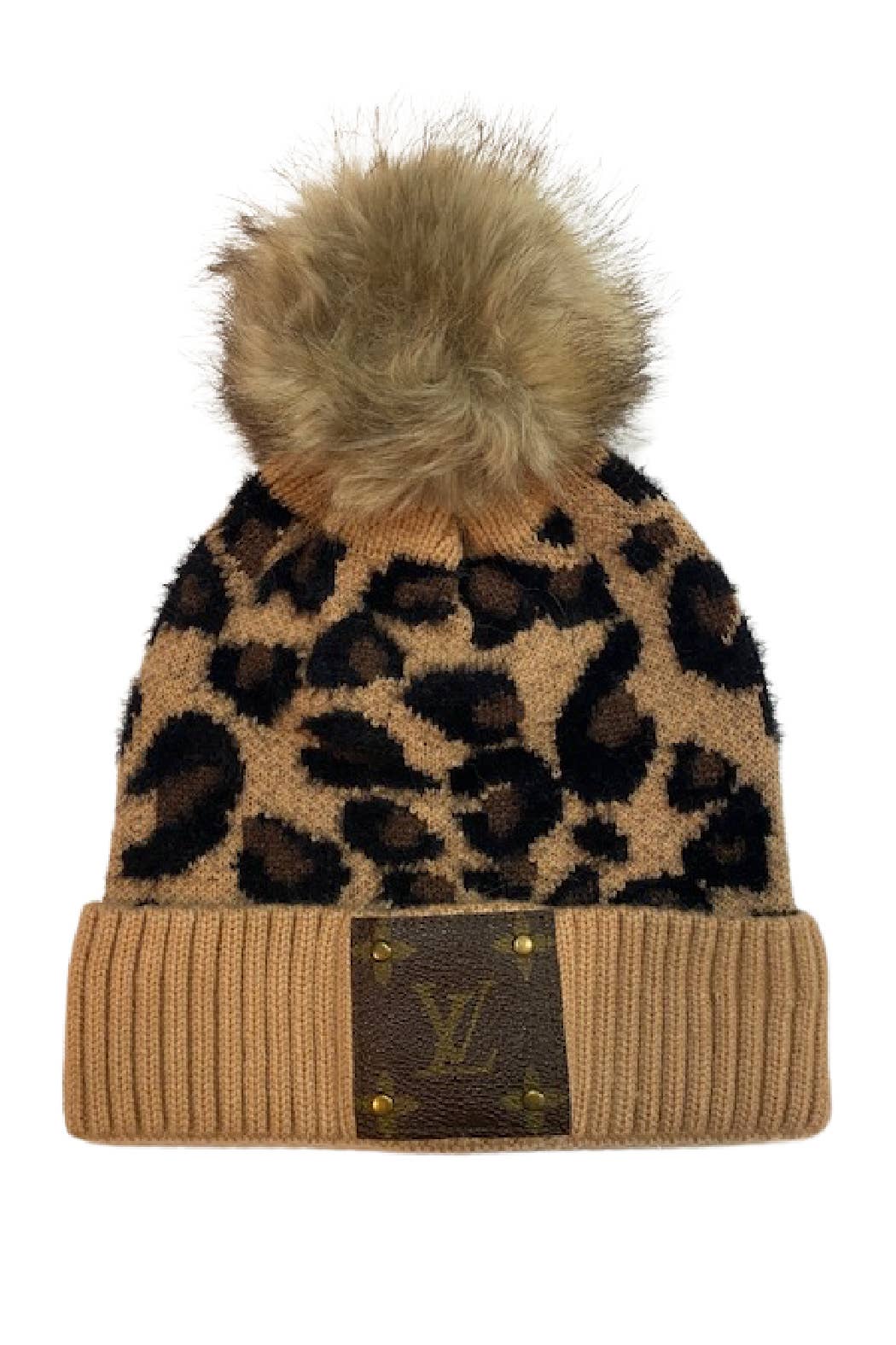 Embellish Your Life – Engroshandel Beanie - Dame – LV Up-Cyklet Brun Leopard Pom Strik Beanie