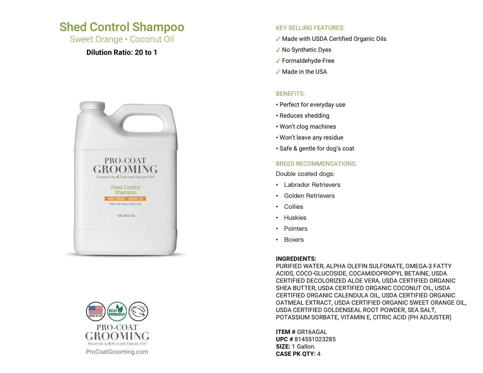 Pure and Natural Pet - Vendita all'ingrosso Shampoo - Cani - Shed Control Shampoo per cani - 1 gallone1