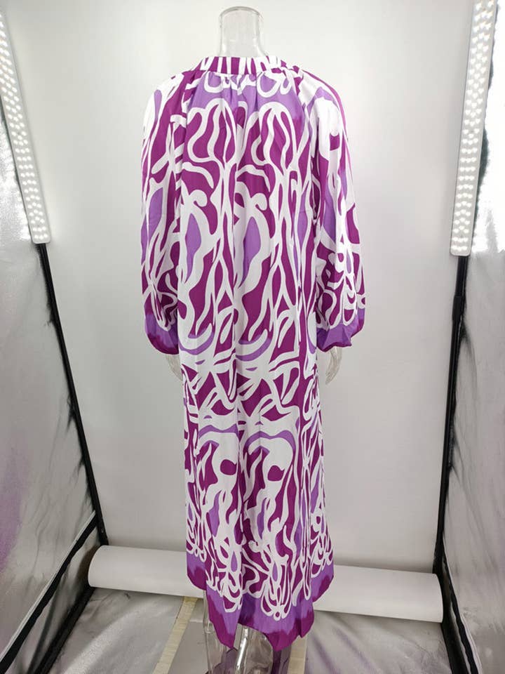 HIDDENBRAND - Wholesale Dress - Women's - Boho Print Deep V-Neck Large Swing Dress10