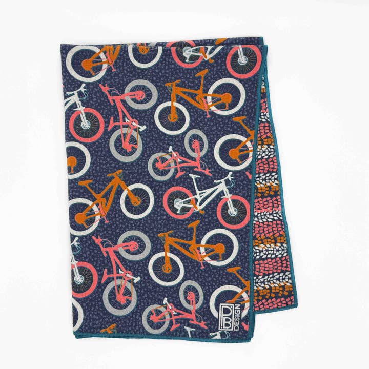 Mountain Bike Tea Towel - Navy Blue, Pink, & Burnt Orange for wholesale by Paige Brady Design