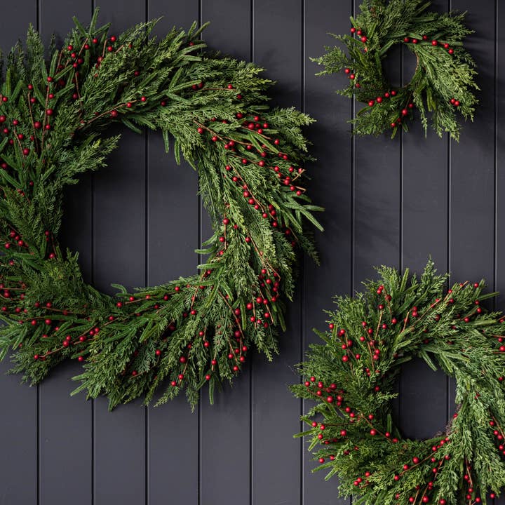 Luxe B Co - Wholesale Wreath - Red Plum Berry Norfolk Cypress Real Touch Wreath - 14"5