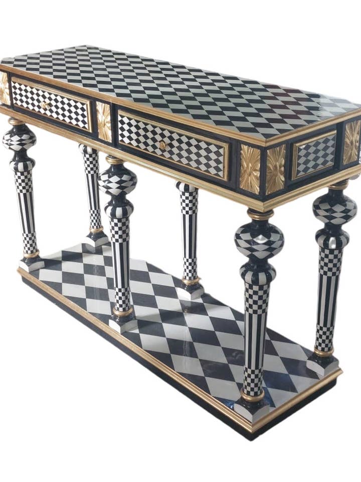 Courtly checkered Console Table-Black/white /Gold-Out Of Stock -Made to order for wholesale by MALuxury Furniture
