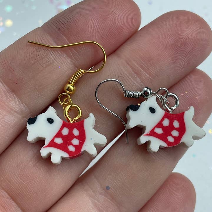 R59Creates – wholesale Dangle earrings – Mini Fluffy White Dog W/ Red Sweater Earrings! Puppy Dog Jewelry, Cool Gift For All Of Your Animal Loving Friends And Family!