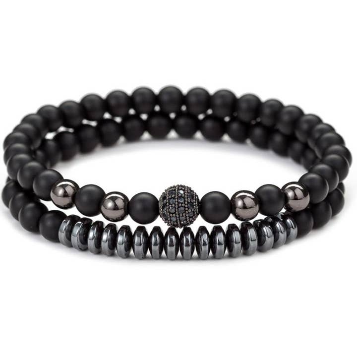 Set di 2 braccialetti Uomo onice opaco, ematite, zircone (perle 6mm) per la vendita all'ingrosso da parte di La Boîte à Cailloux