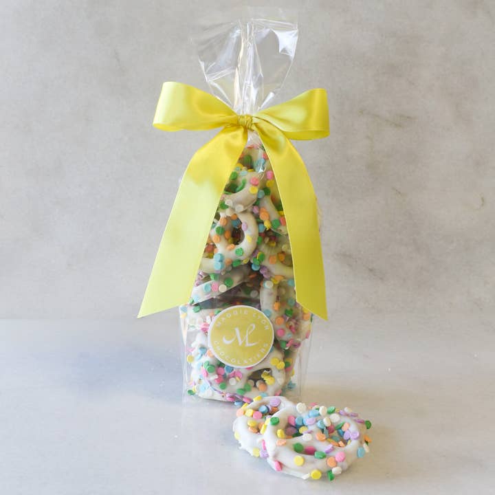 5oz White Chocolate Covered Pretzels - Spring Decorations for wholesale by Maggie Lyon Chocolatiers