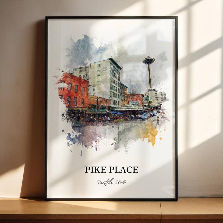 Arte de Pared de Pike Place, Impresión de Seattle, Arte en Acuarela de Seattle, Regalo de Seattle Washington, Impresión de Pike Place, Póster de Viaje, Regalo de Inauguración de Casa para venta al por mayor de Premium Travel Art