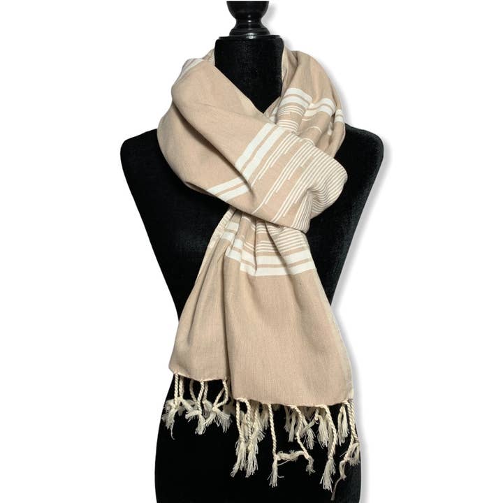 Geometric Handwoven Egyptian Cotton Scarf - Beige & White for wholesale by Dandarah (Ships from USA)