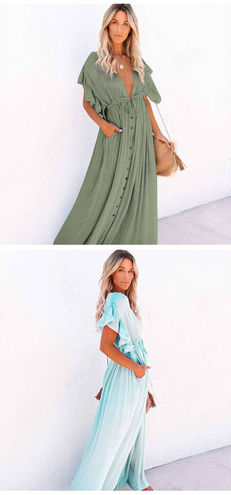 Fashion Combination - Wholesale Dress - Women's - Boho Button-Front Flowy Maxi Dress14