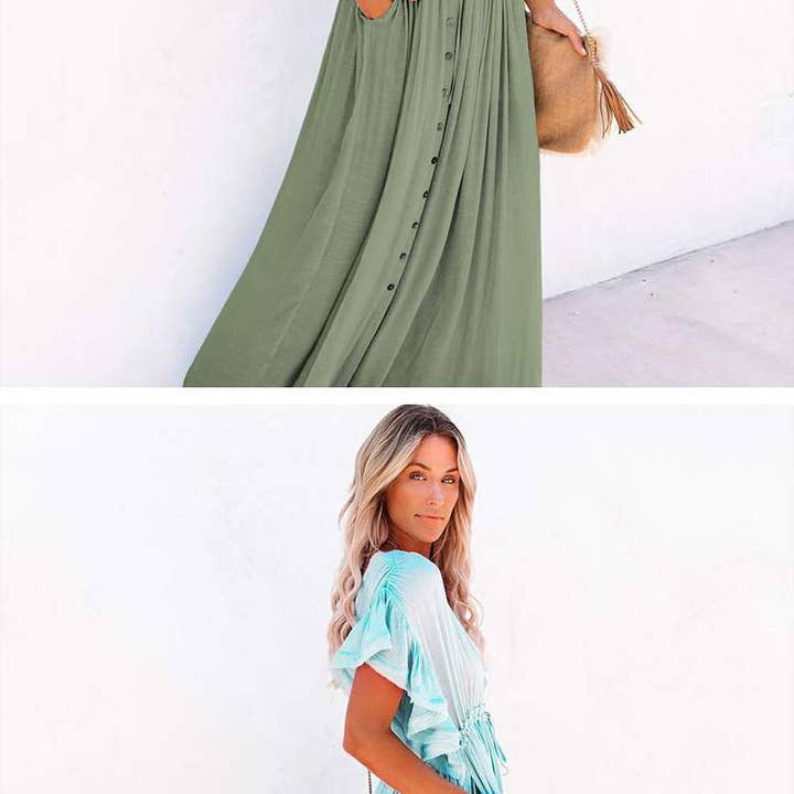 Fashion Combination - Wholesale Dress - Women's - Boho Button-Front Flowy Maxi Dress14