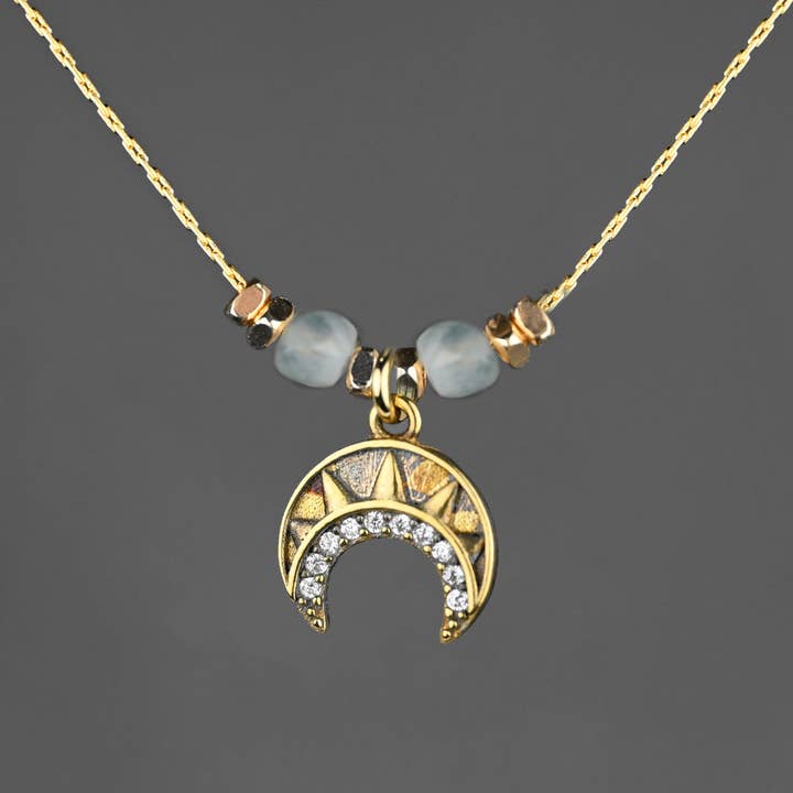 KBD Studio - Wholesale Pendant/Charm Necklace - Small Vintage Deco Pave Crescent w/ Semi Precious Stones