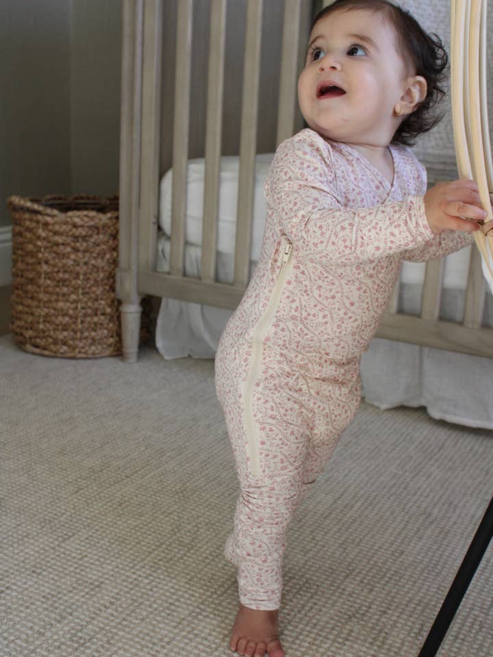 Little Threads - Wholesale Sleepsuit - Baby - Mauve Heirloom Vine Bamboo Wrap Footie2