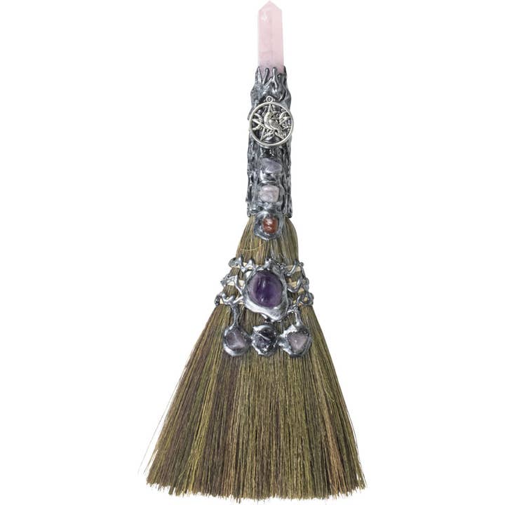 Gemstone Wicca Broom 13in - Rose Quartz w/ Silver Raven for wholesale by Kheops International