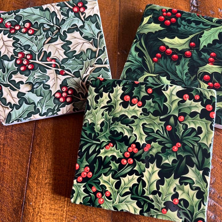 The Painted Lily - Wholesale Coasters - Holiday Holly stone coasters - case of 62