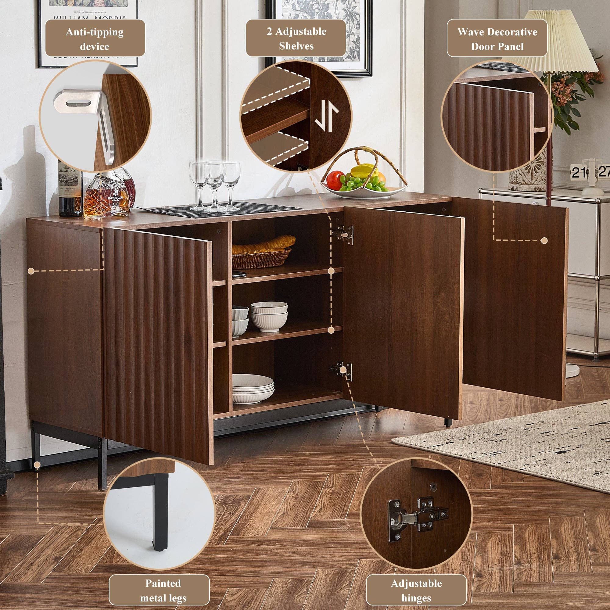 Urban Meuble – wholesale Skänk – Buffé i mörk ådrad vintage ek-effekt med vågig 3D-yta 150x40x80cm GHOTS12