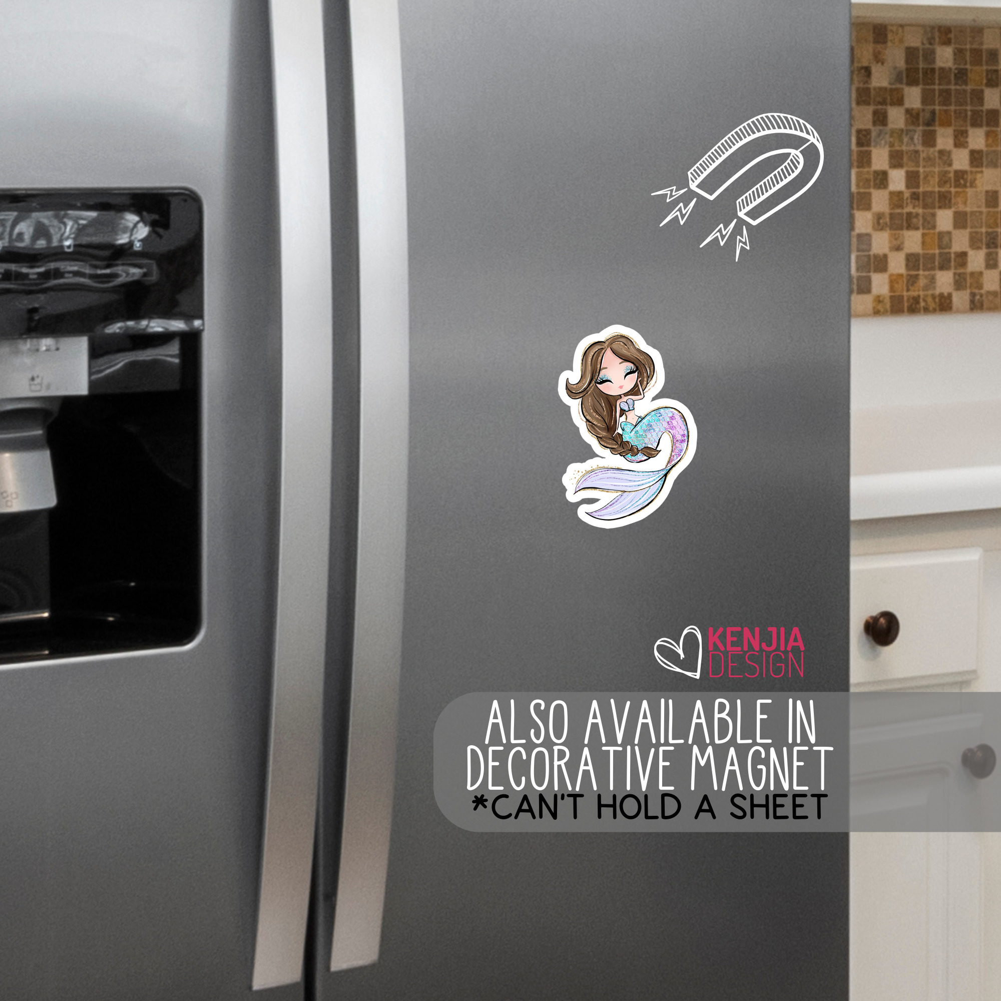 Kenjia Design - Vendita all'ingrosso Adesivo - Simpatici adesivi e magneti a forma di sirena/Capelli castani/Impermeabili6