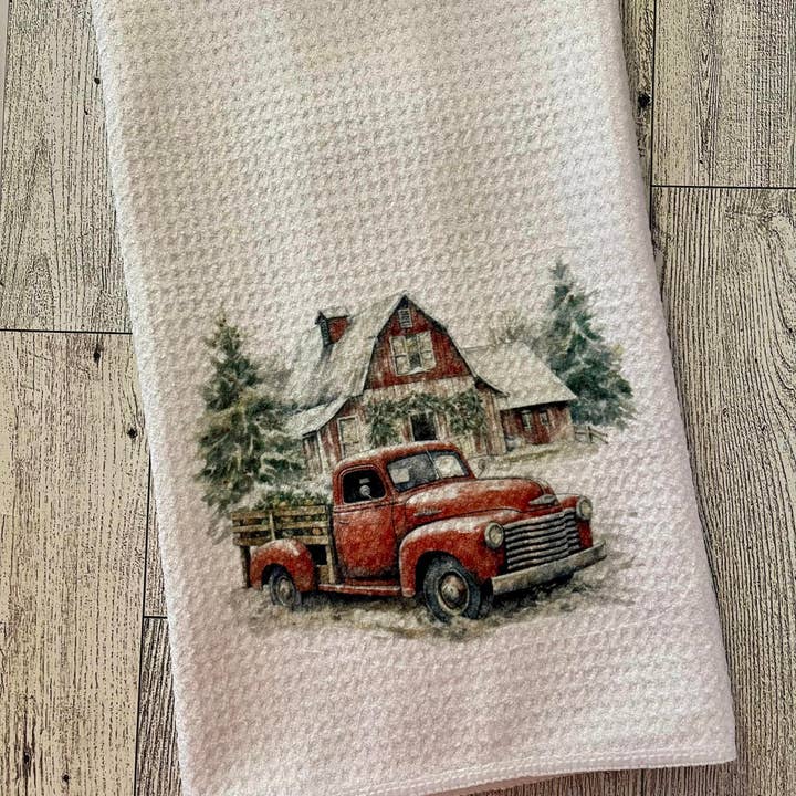 Red Truck Farm Christmas Waffle Weave opvaskehåndklæde viskestykke for engroshandel hos Prairie Chicken Sticker Shop & Gifts