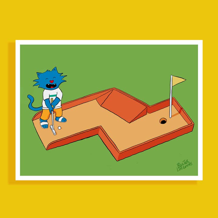 Poster decorativo a forma di gatto con minigolf blu, 30 x 40 cm per la vendita all'ingrosso da parte di Les éditions Astrocoon