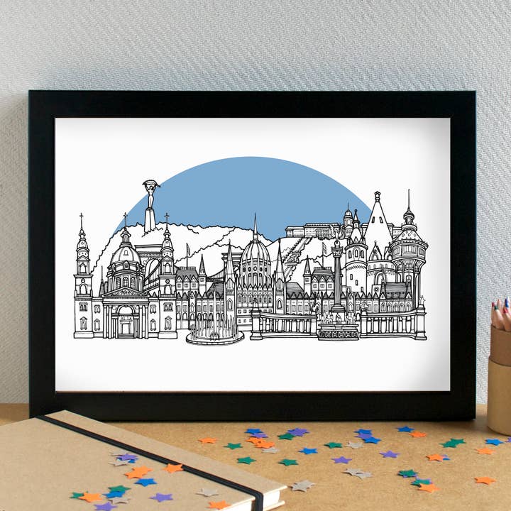 Budapest Skyline Travel Art Print - unframed for wholesale by Becka Griffin Illustration