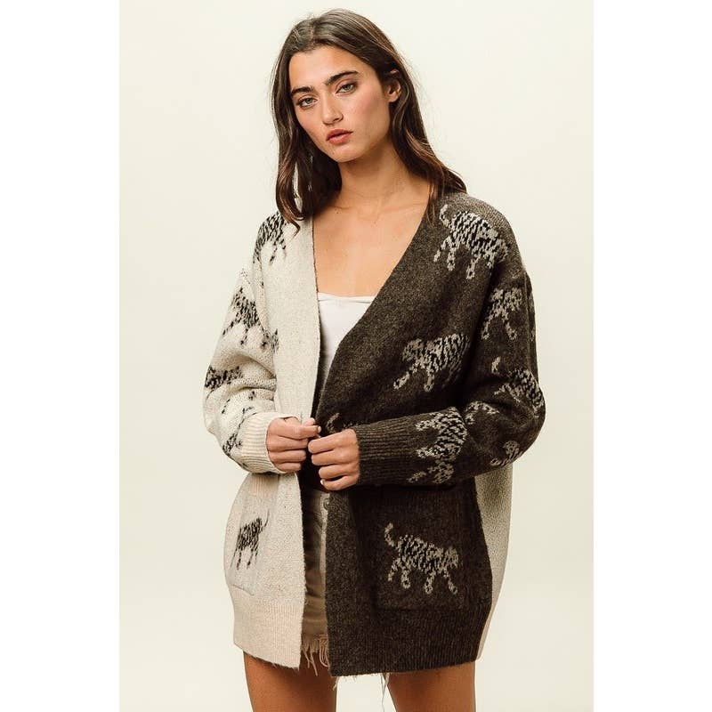 IVE - Vente Cardigan – femme - CARDIGAN À COL EN V À MOTIF TIGRE ET POCHES PLAQUÉES8