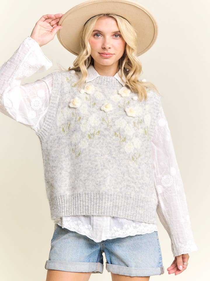 LESW4203-GILET EN MAILLE TEXTURÉE À MOTIF FLORAL pour la vente par Madelyn