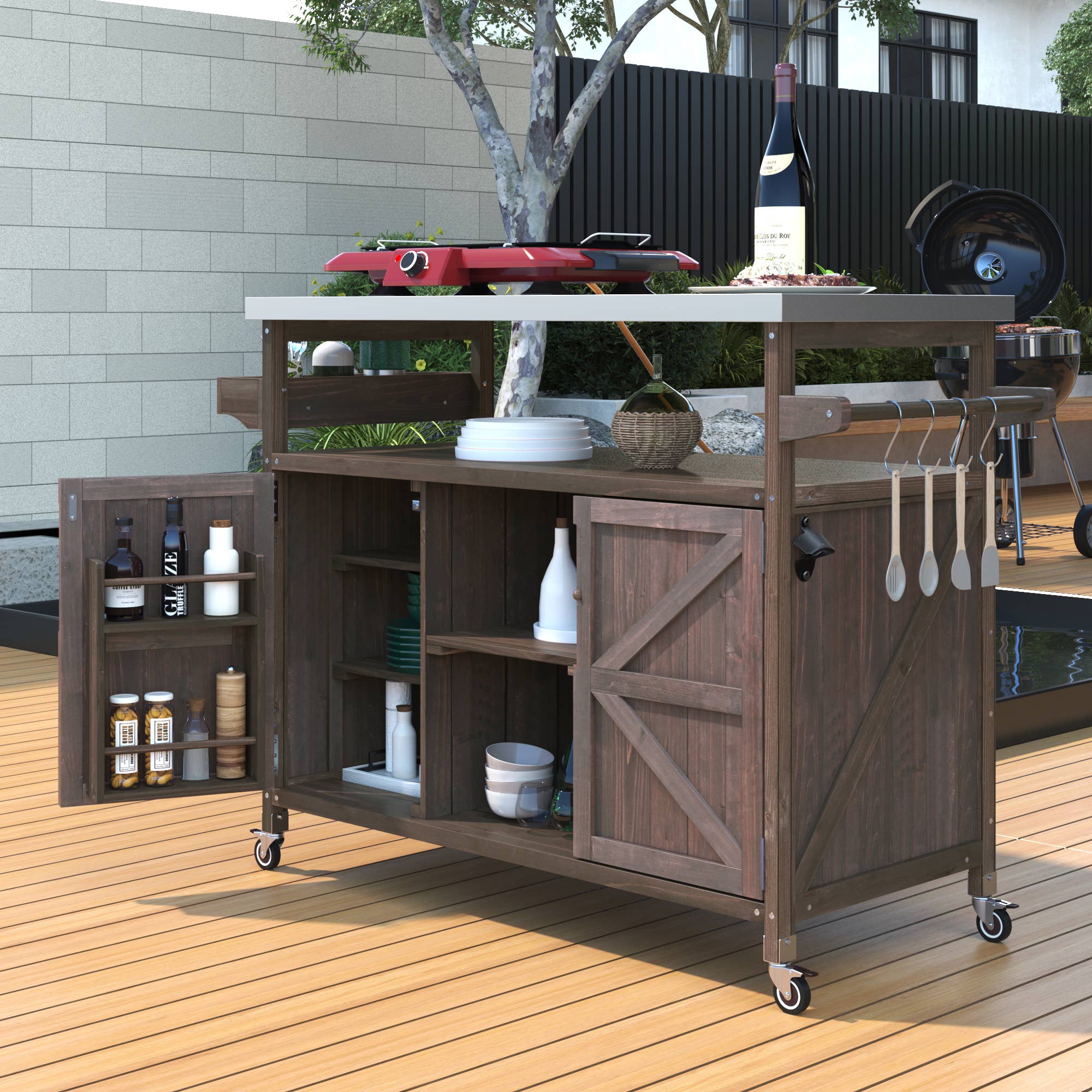 39F Inc. - Wholesale Outdoor Ornament/Decor - Outdoor Kitchen Island,Farmhouse Solid Wood Rolling Cart49
