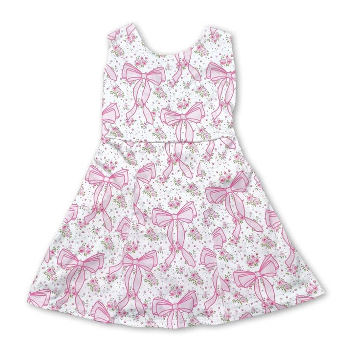 Sleeveless pink floral bow kids girls athletic dresses for wholesale by Yawoo Garments