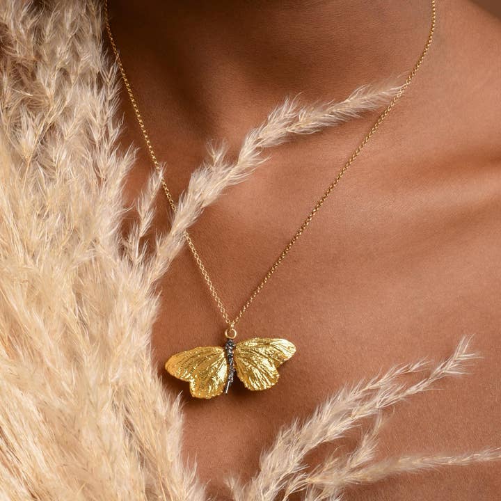 Butterfly Necklace in Gold Plated Recycled Silver for wholesale by Mother Nature Jewelry