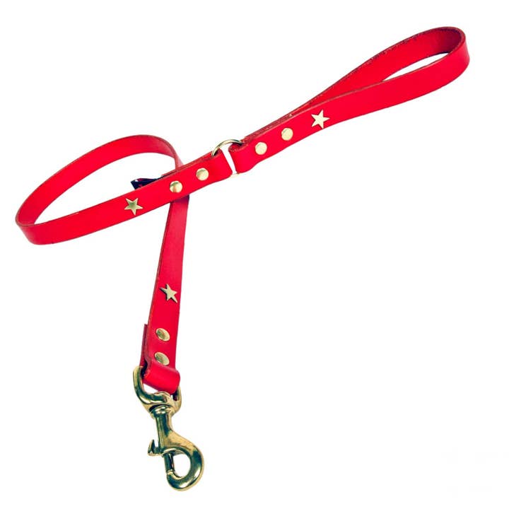 Laisse pour chien en cuir rouge avec étoile en laiton pour la vente par Creature Clothes