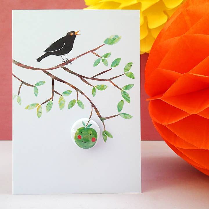 Happy Apple - Greeting card with badge for wholesale by The Black Rabbit