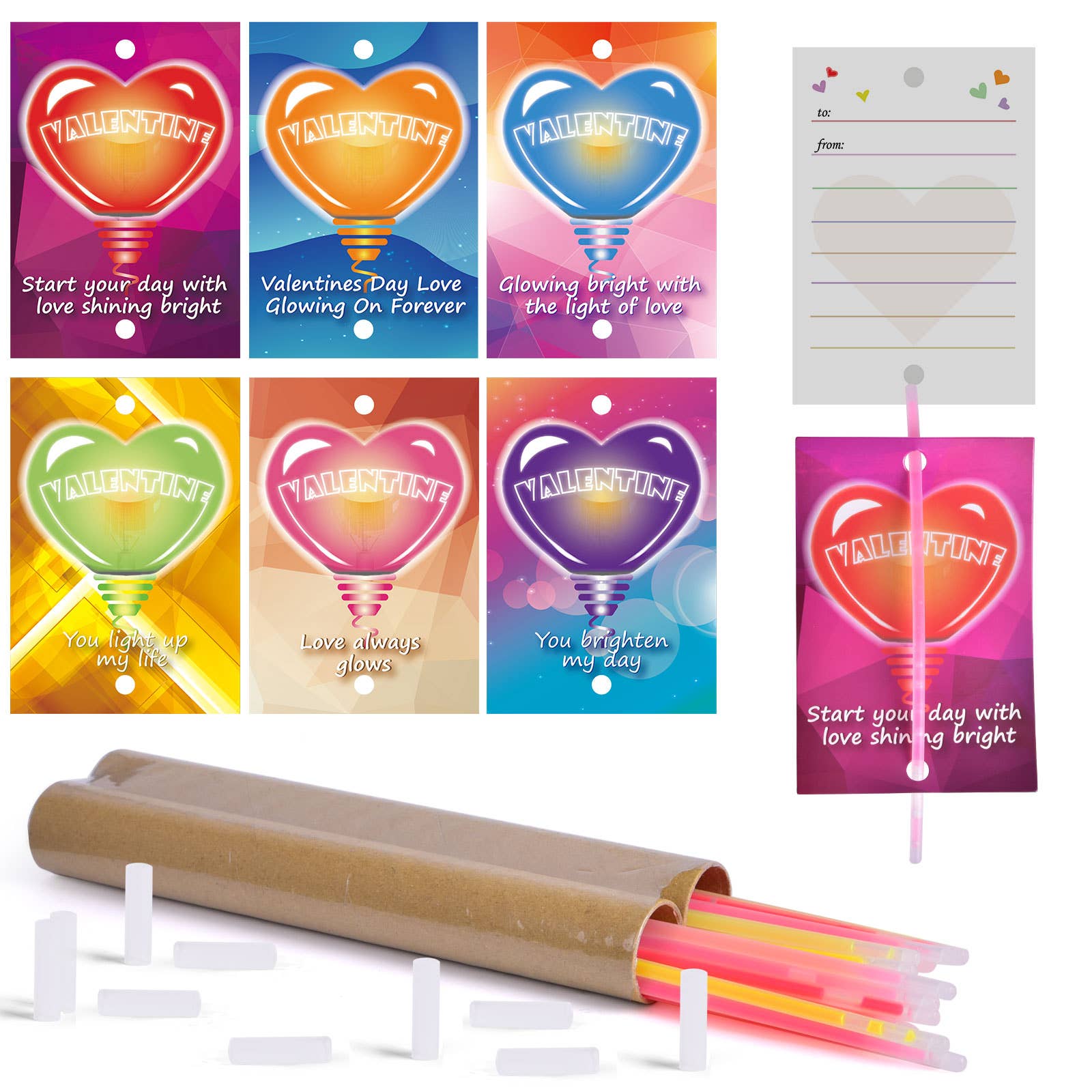 Fun Little Toys - Vente Cartes de Saint-Valentin - Lot de 108 bâtonnets lumineux en 6 couleurs avec des cartes de fête au néon8