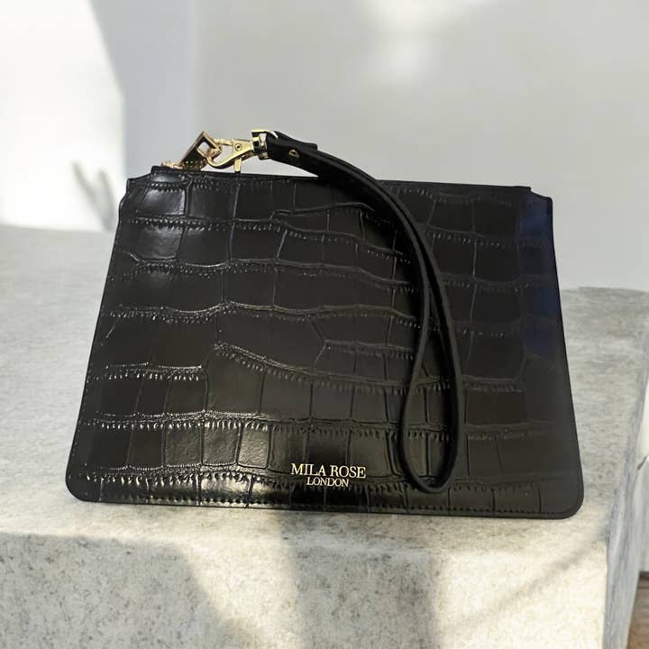 Mila Rose London – Bolsa - Mulher por atacado – Mala Clutch Estampado em Pele Preta & Dourada