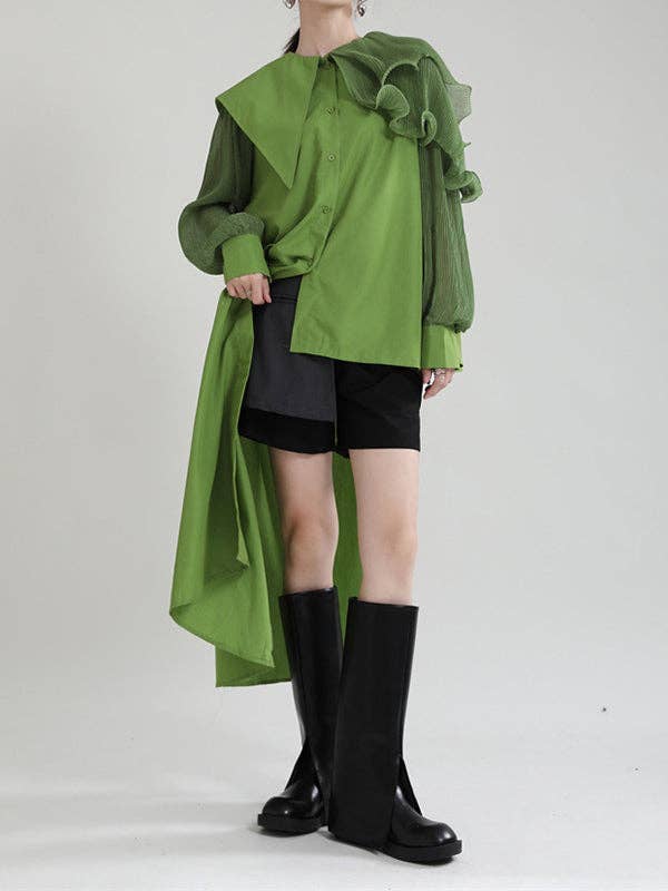 VividLux - Wholesale Blouse - Women's - Long Sleeves Loose Asymmetric Pleated Solid Color Split-Joint Falbala Lapel Blouses&Shirts Tops8