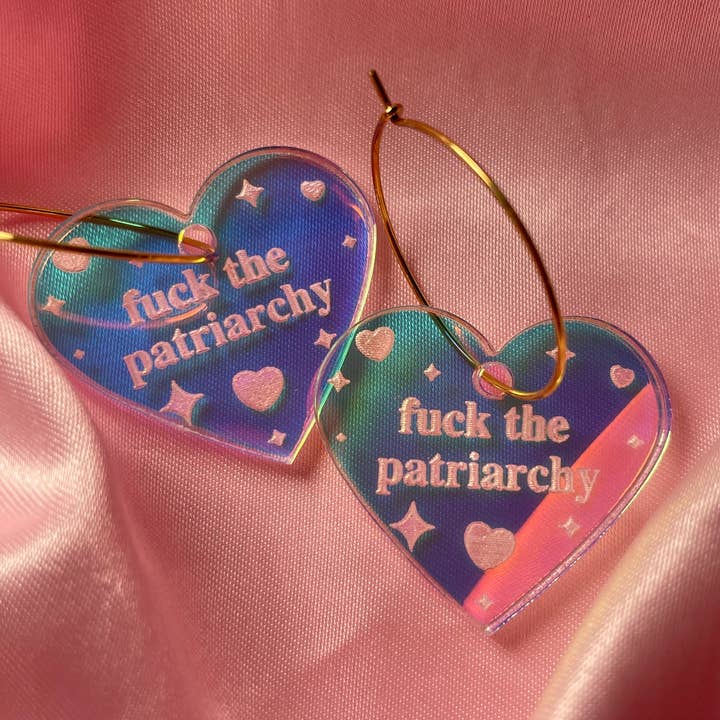 ShlemonArt - Wholesale Hoop Earrings - Fuck The Patriarchy Heart Hoop Earrings