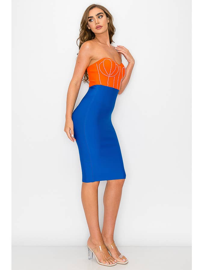 ORANGE/BLEU ROBE À BANDAGES À ÉPAULES DÉNUDÉES en vente sur Faire