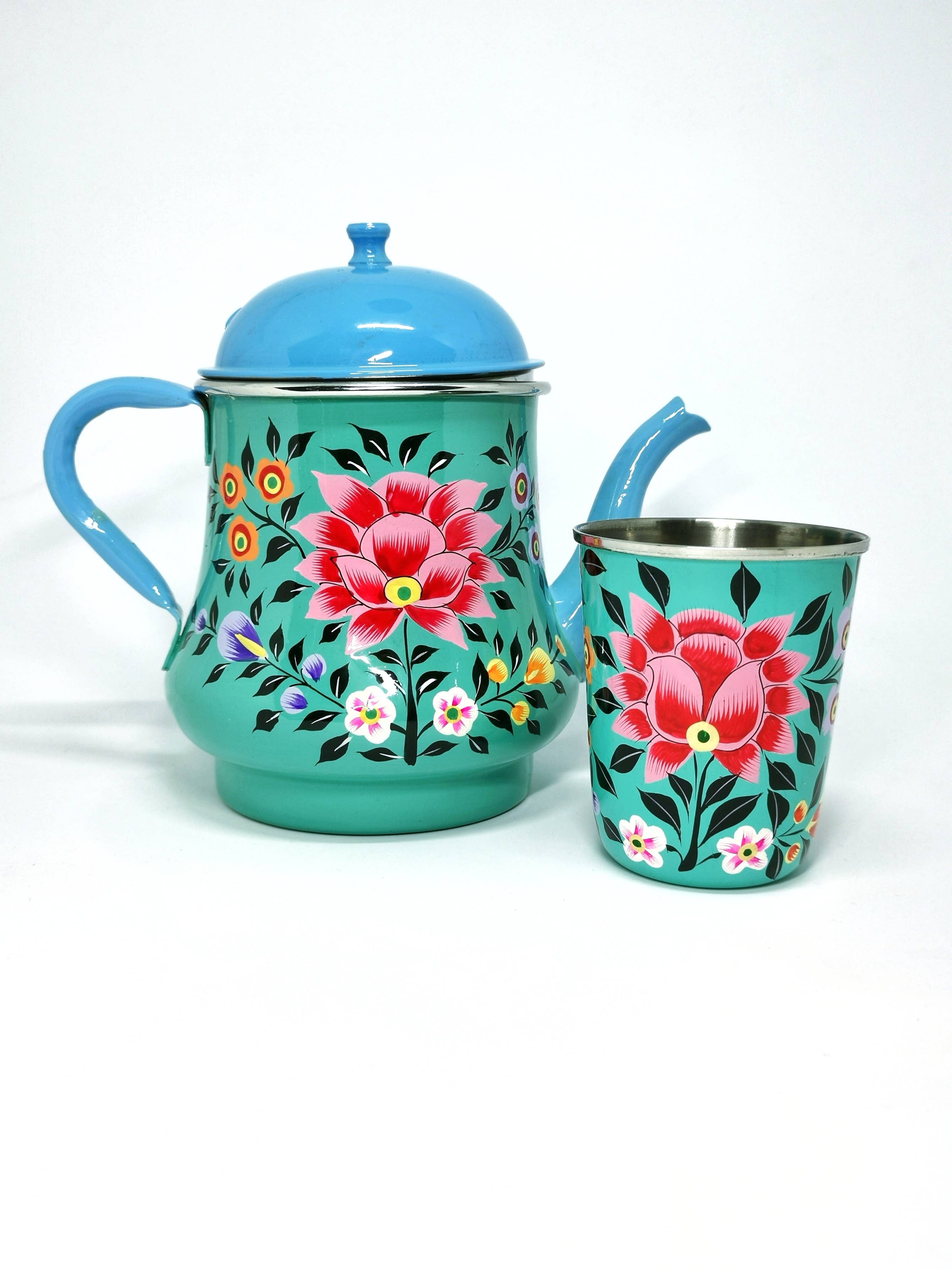 Nayda Diaries - Wholesale Tea Pot - Indian enamel teapot with turquoise blue flower pattern1