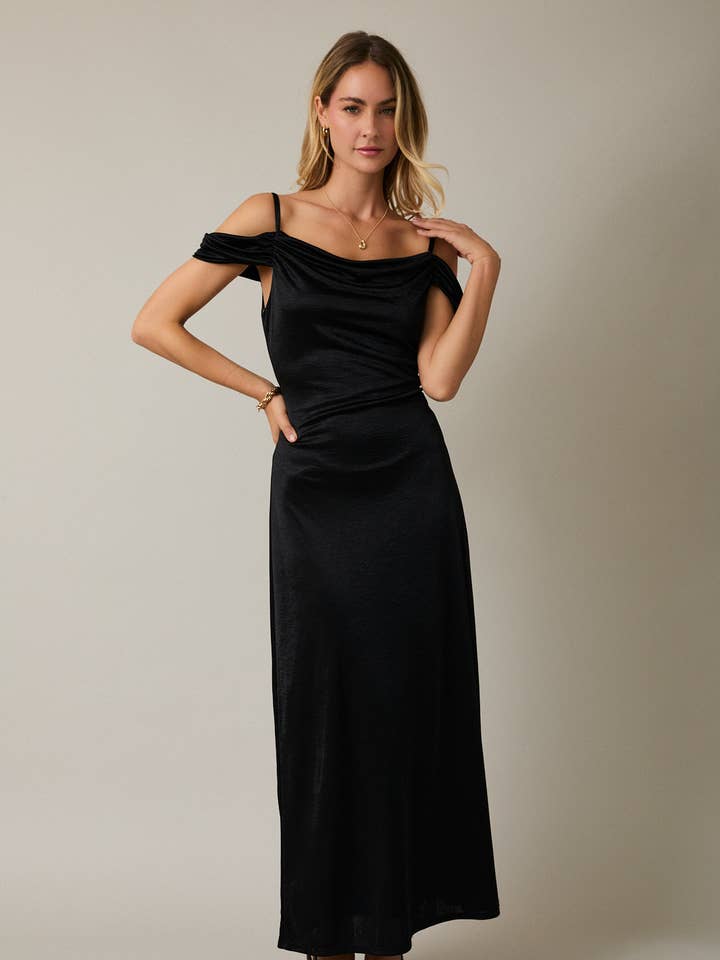 Black COWL NECK STRAP SHORT SLEEVE MAXI DRESS for wholesale on Faire0