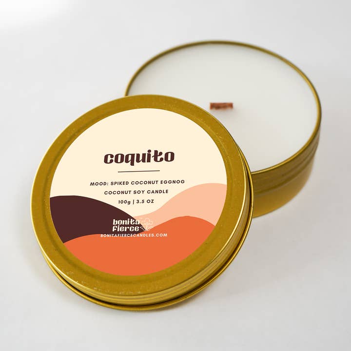 Coquito Candle Tin | Puerto Rican Coconut Eggnog for wholesale by Bonita Fierce Candles