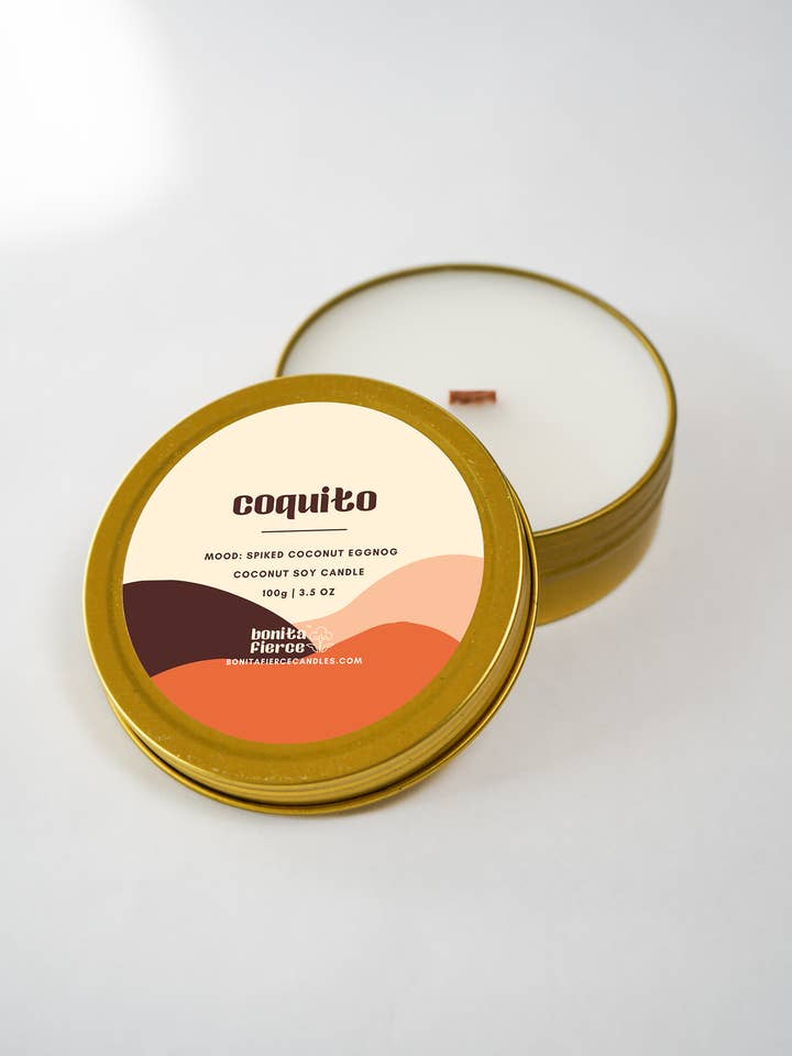 Coquito Candle Tin | Puerto Rican Coconut Eggnog for wholesale by Bonita Fierce Candles