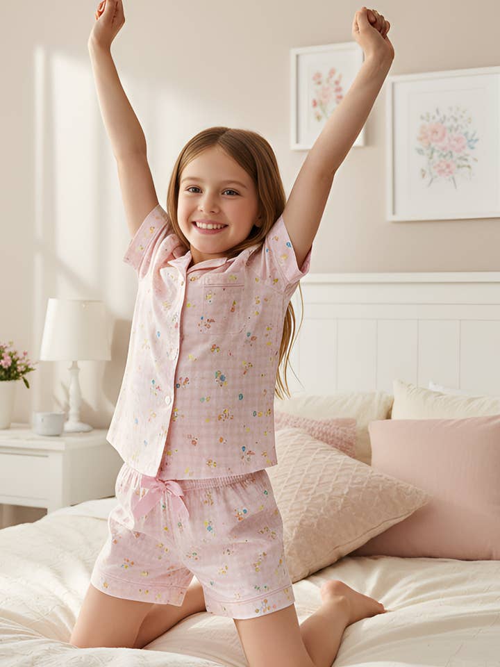 2 Pc Prepack Floral Gingham Short Sleeve Satin Pajama Short Set for wholesale by Limeapple