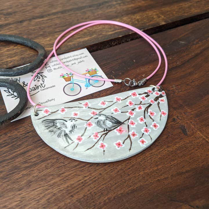 Cherry Blossom Necklace – Clay Pendant with Birds for wholesale by With Clay & Paint