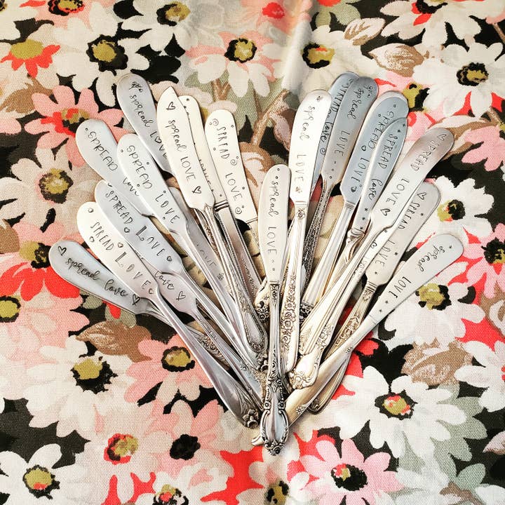 juNxtaposition® - Wholesale Cheese Spreader - SPREAD LOVE hand stamped vintage charcuterie spreader knife
