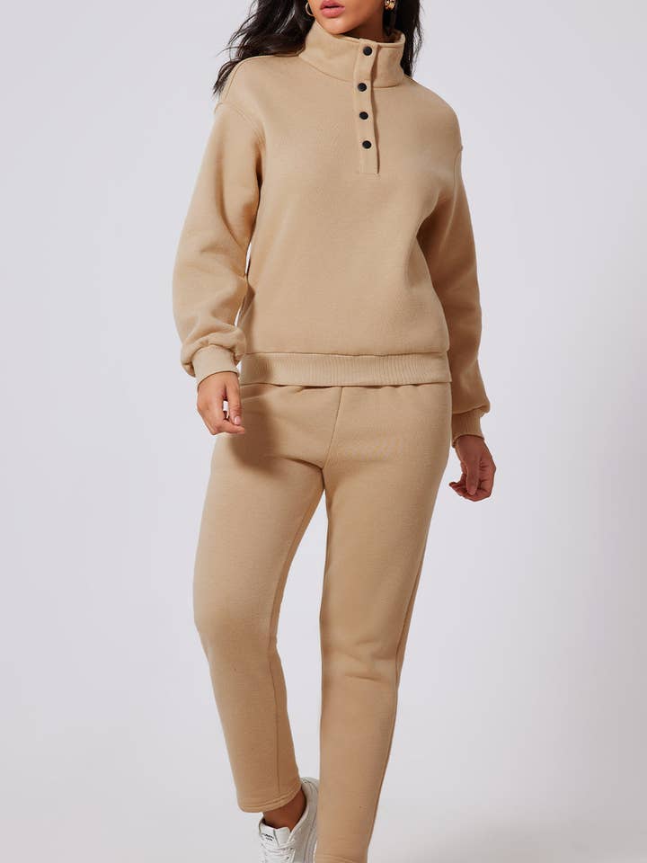 Parchment Solid Half Button Sweatshirt and High Waist Sweatpants Set for wholesale by Shoppe247