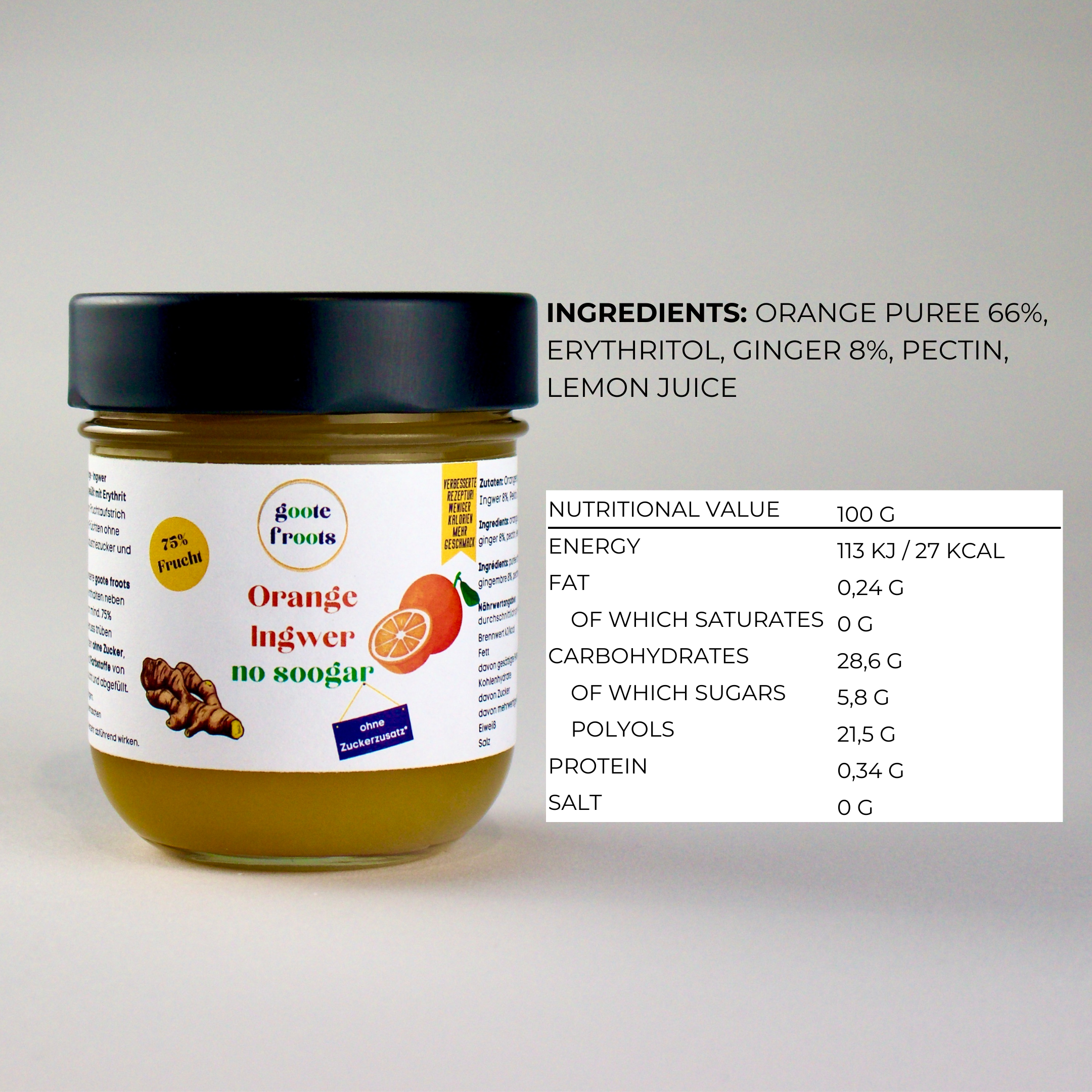 gootesfood -Die Food Manoofaktoor – Engroshandel Marmelade – Sukkerfri appelsin ingefær 75% frisk frugt pålæg2