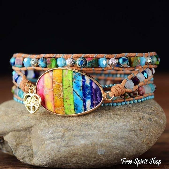 Free Spirit Shop - Wholesale Beaded Bracelet - Mixed Stones & Rainbow Chakra Wrap Bracelet