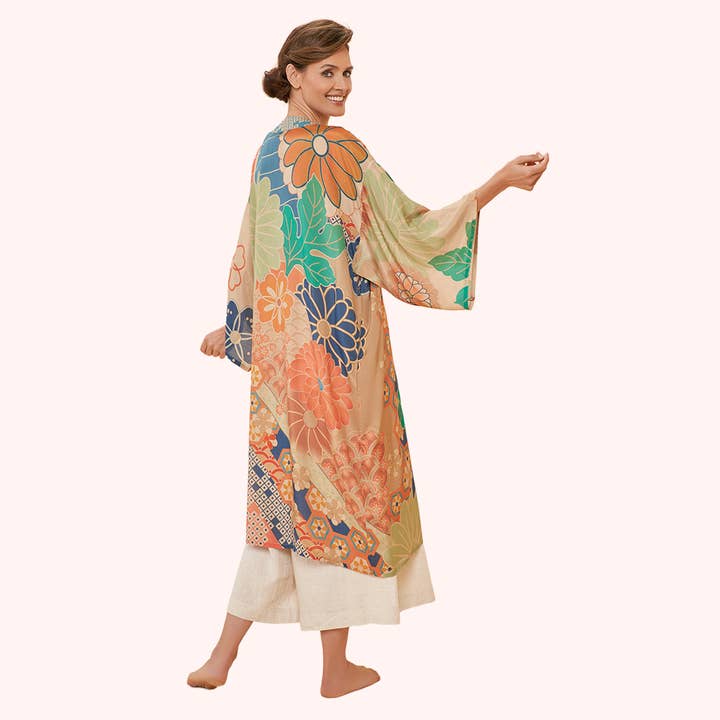 70s Kaleidoscope Floral Kimono Gown in Coconut for wholesale by Powder Design inc - US