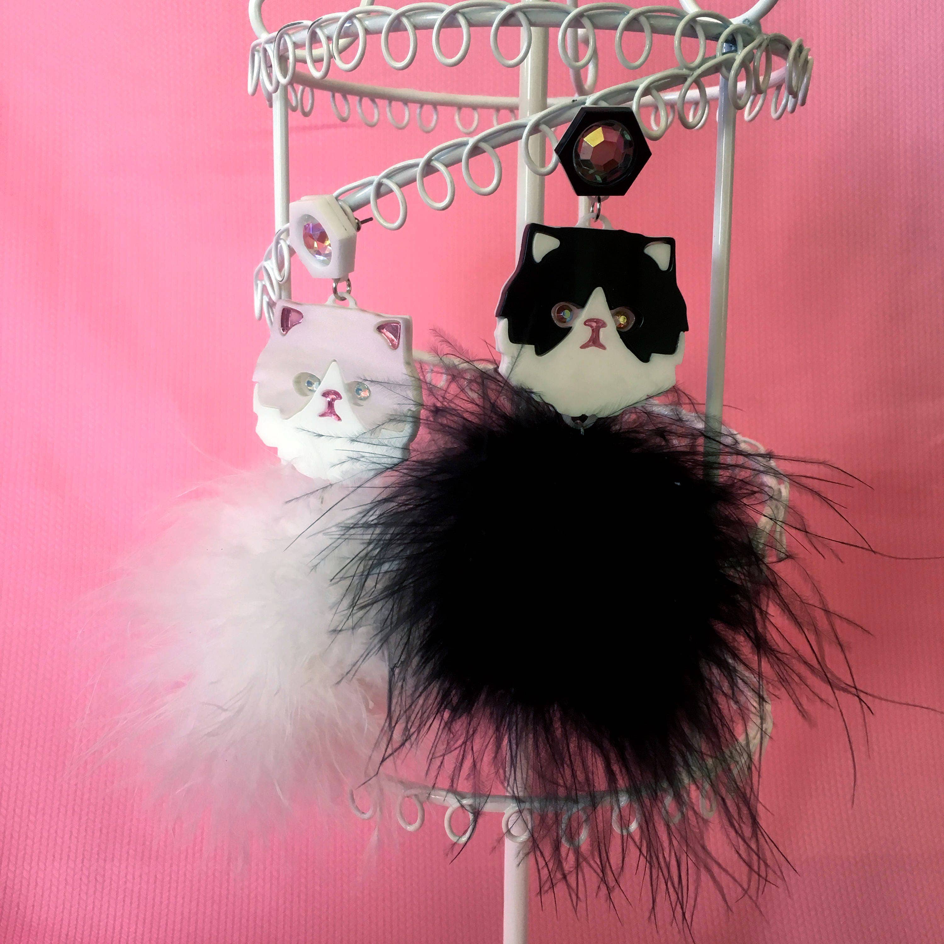 I'm Your Present - Wholesale Dangle Earrings - Persian Kitty Cat And Pom Pom Earrings In White Or Black & White, Laser Cut Acrylic, Plastic Jewelry5