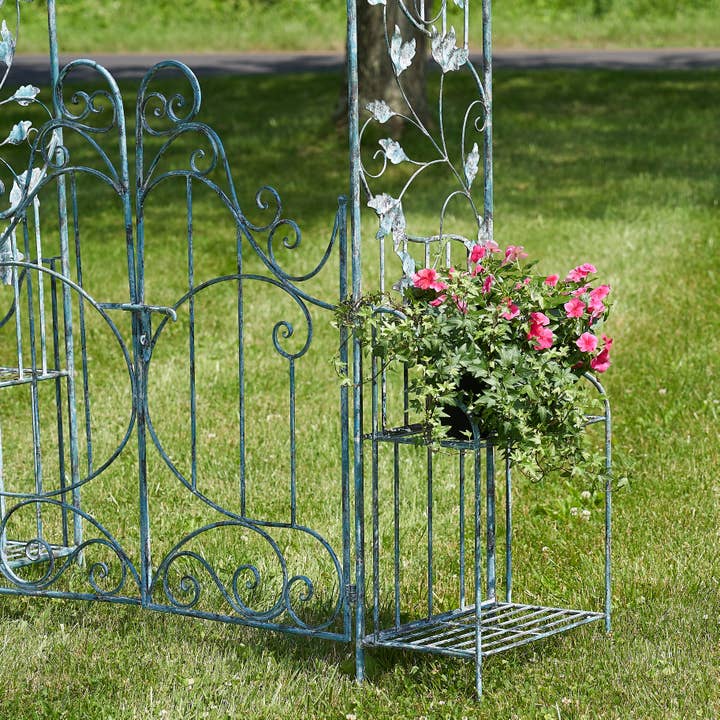 Zaer Ltd. International - Wholesale Outdoor Ornament/Decor - Iron Garden Gate w/Side Plant Stands "Stephania" in 3 Colors5