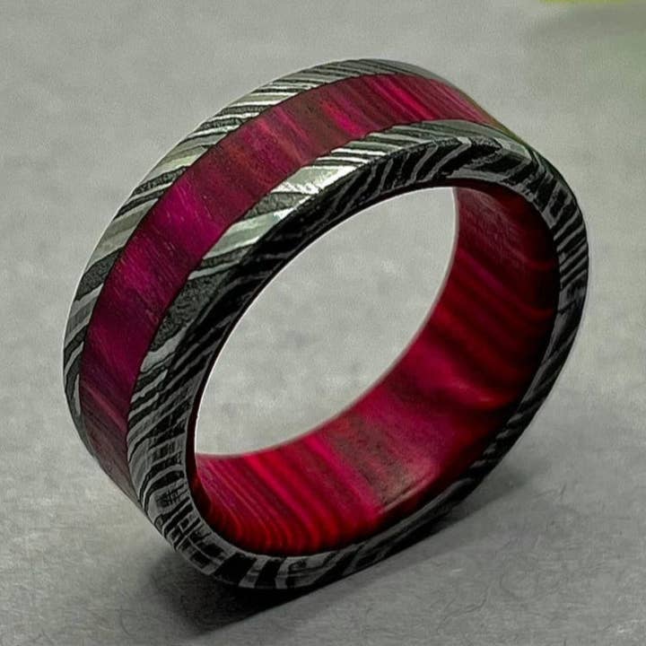 Handcrafted Damascus Steel & Whiskey Barrel Wood Ring – Unique Wedding Band for Men for wholesale by RustyStudioUSA