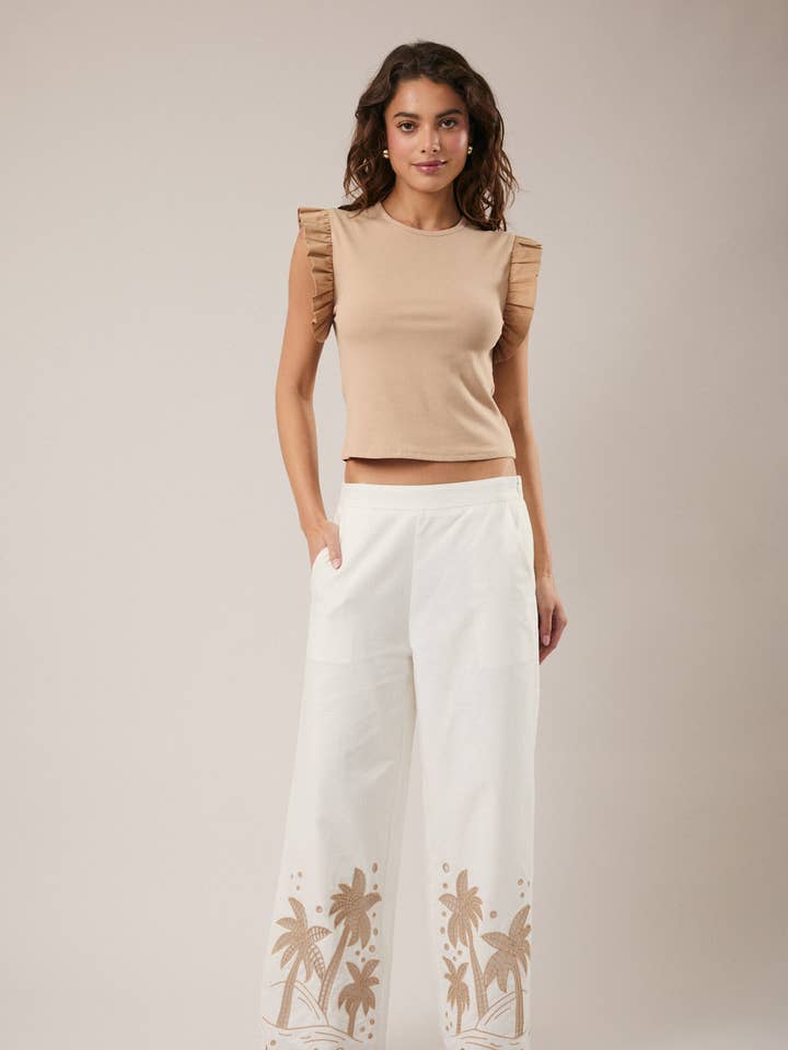 PALM TREE EMBO DETAIL LINEN PANTS for wholesale by Sunday Edition