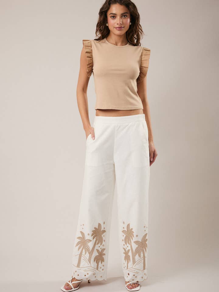 PALM TREE EMBO DETAIL LINEN PANTS for wholesale by Sunday Edition by LE LIS